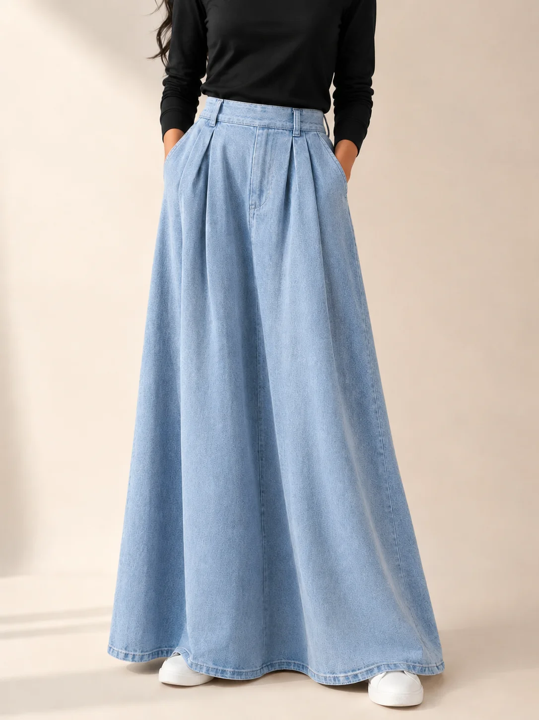 Denim pleated flare skirt